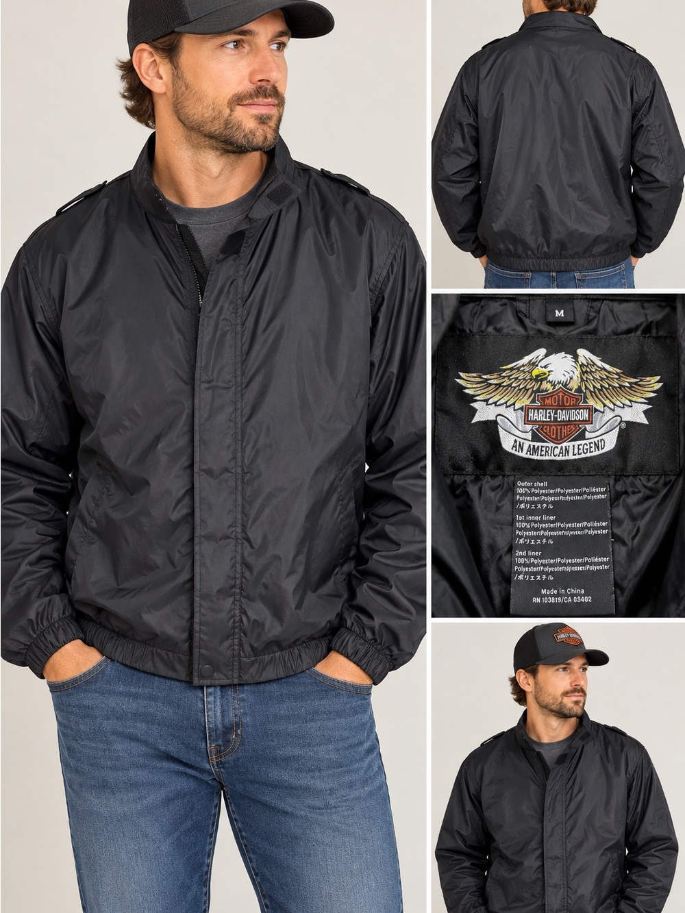 Harley-Davidson Black Windbreaker Jacket with Eagle Patch